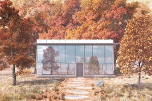 rendering of building made with Re-Assembly’s recycled IGU