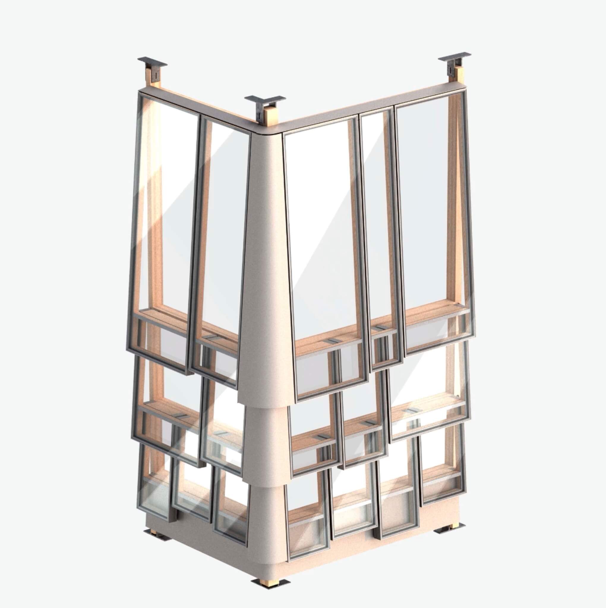 rendering of a corner facade detail made of recycled IGUs