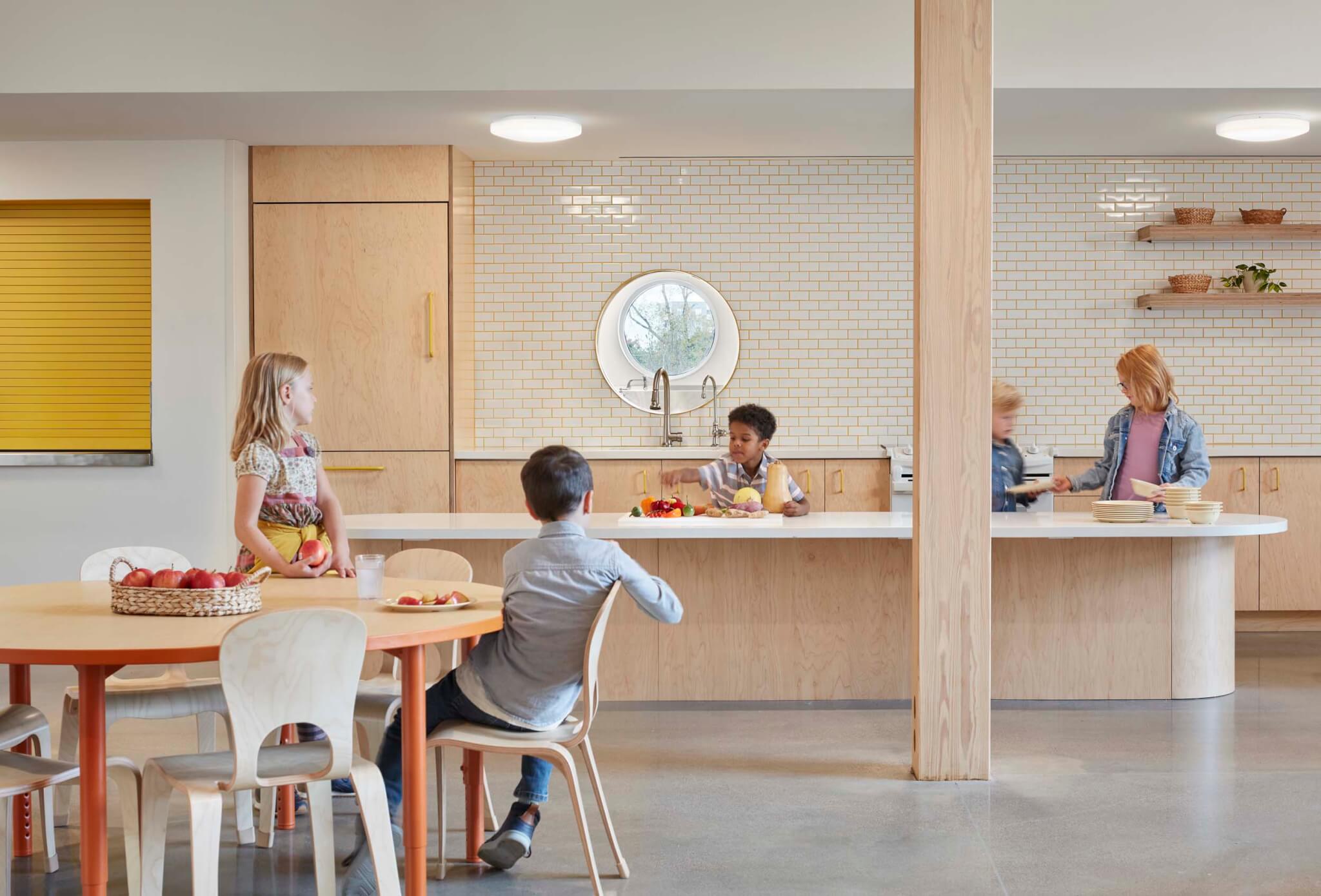 kids in wooden kitchen