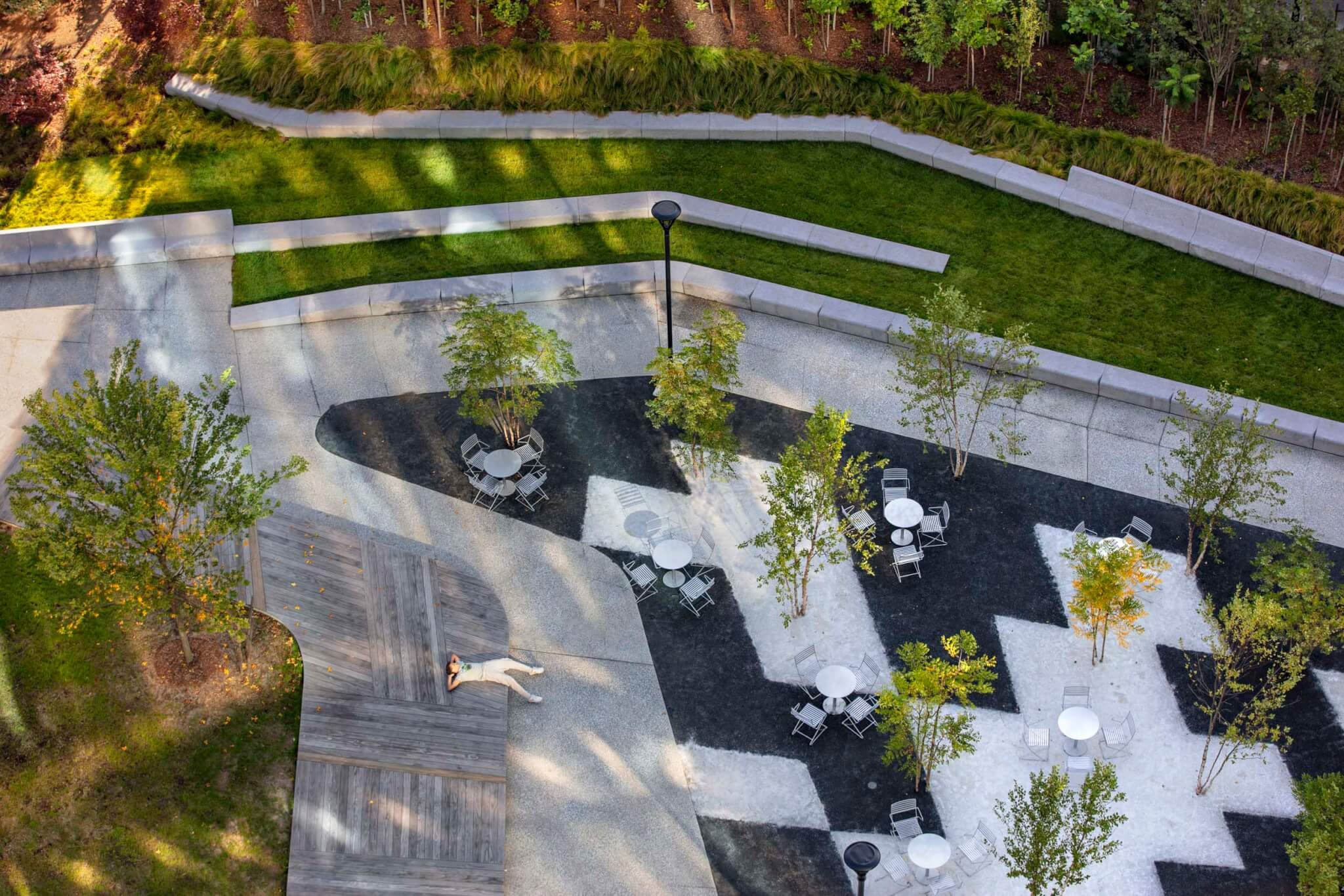 aerial view of park space showing seating variety