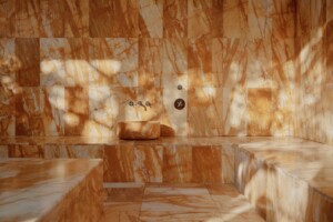 travertine tile in bath house