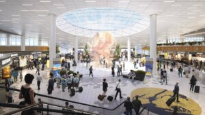 rendering of Terminal 6 showing oculus and art piece and people walking around with luggage