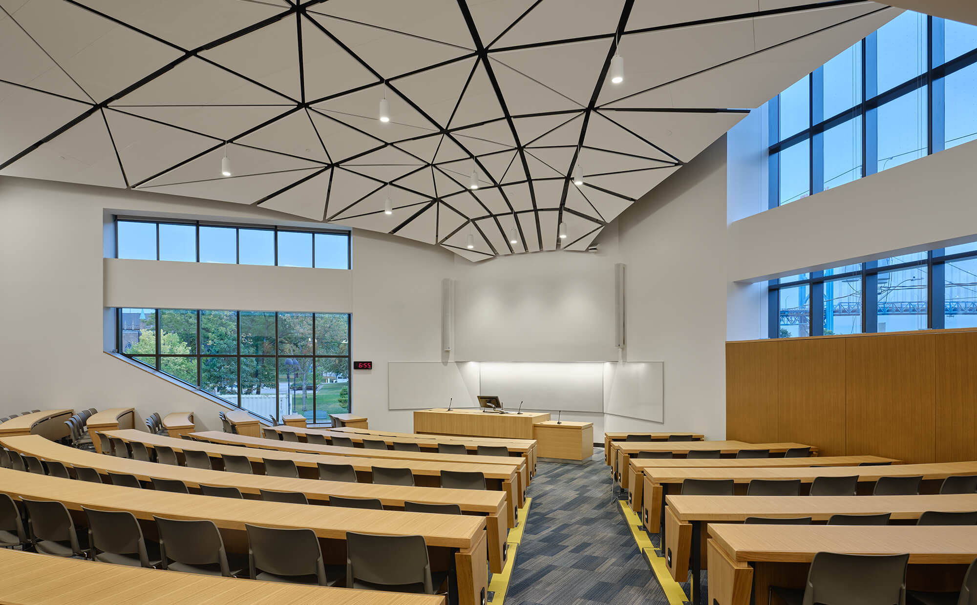 The mock court room inside the Faculty of Law building now has many windows.