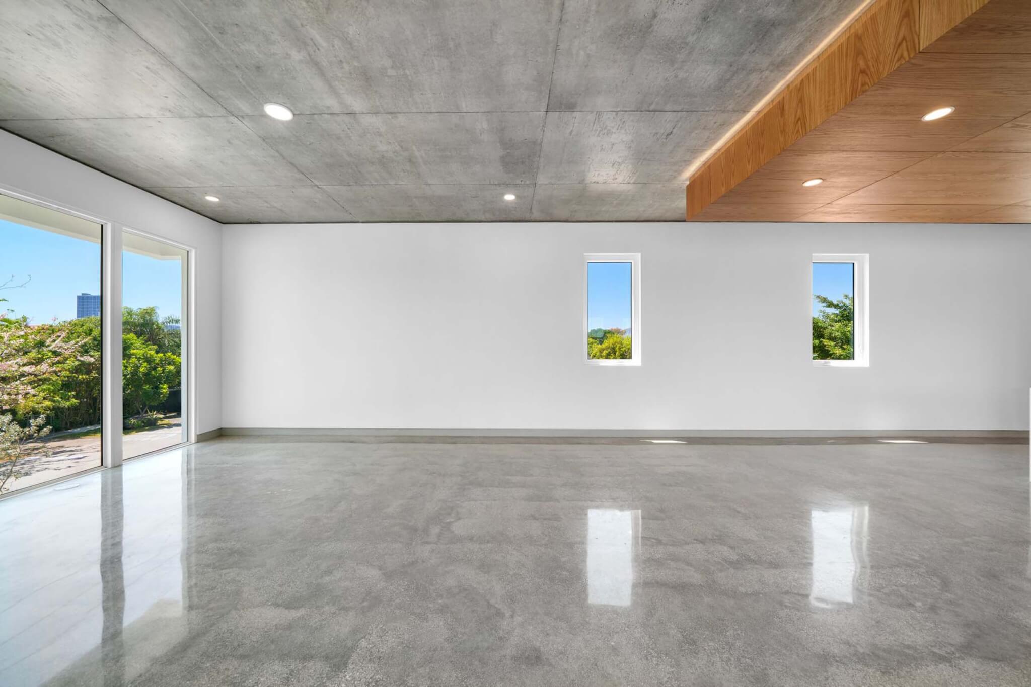 interior view white walls large glass doors with view