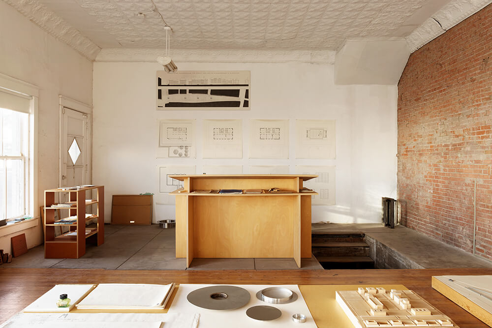 interior view with objects on wood tables