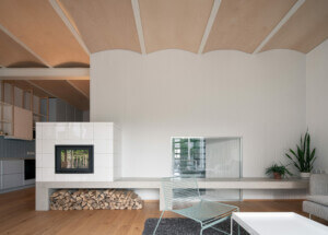 interior with fireplace and scalloped wall