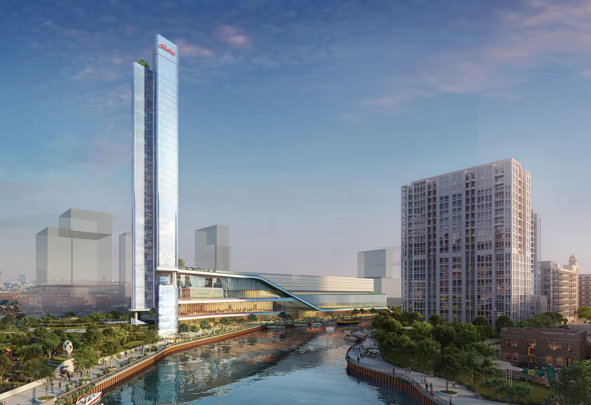 casino by riverfront with promenade in front