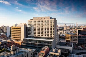 aerial view of mixed-use building designed by Beyer Blinder Belle in Harlem