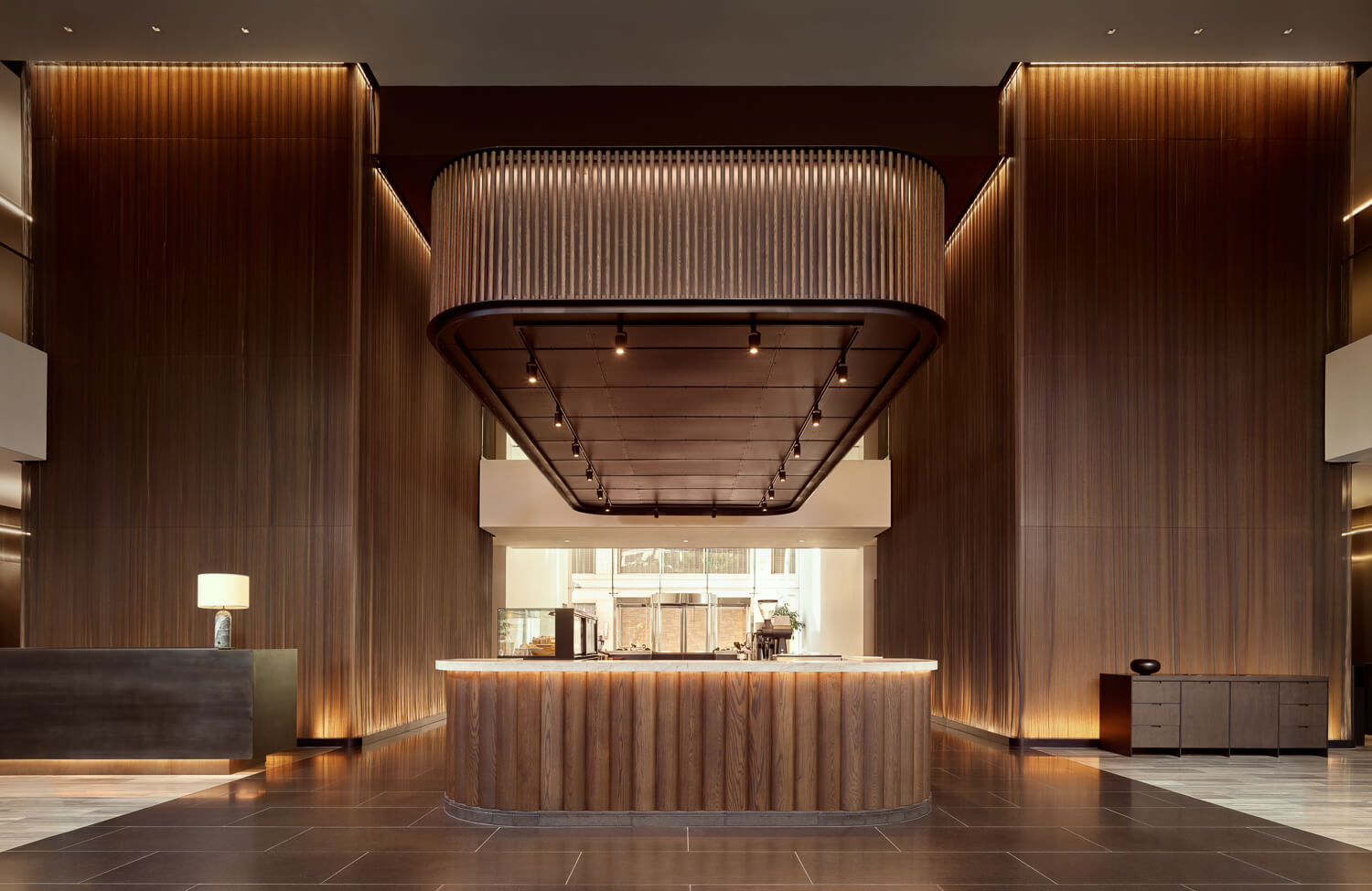wood-slatted coffee bar