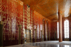 red tiles on ceiling and walls